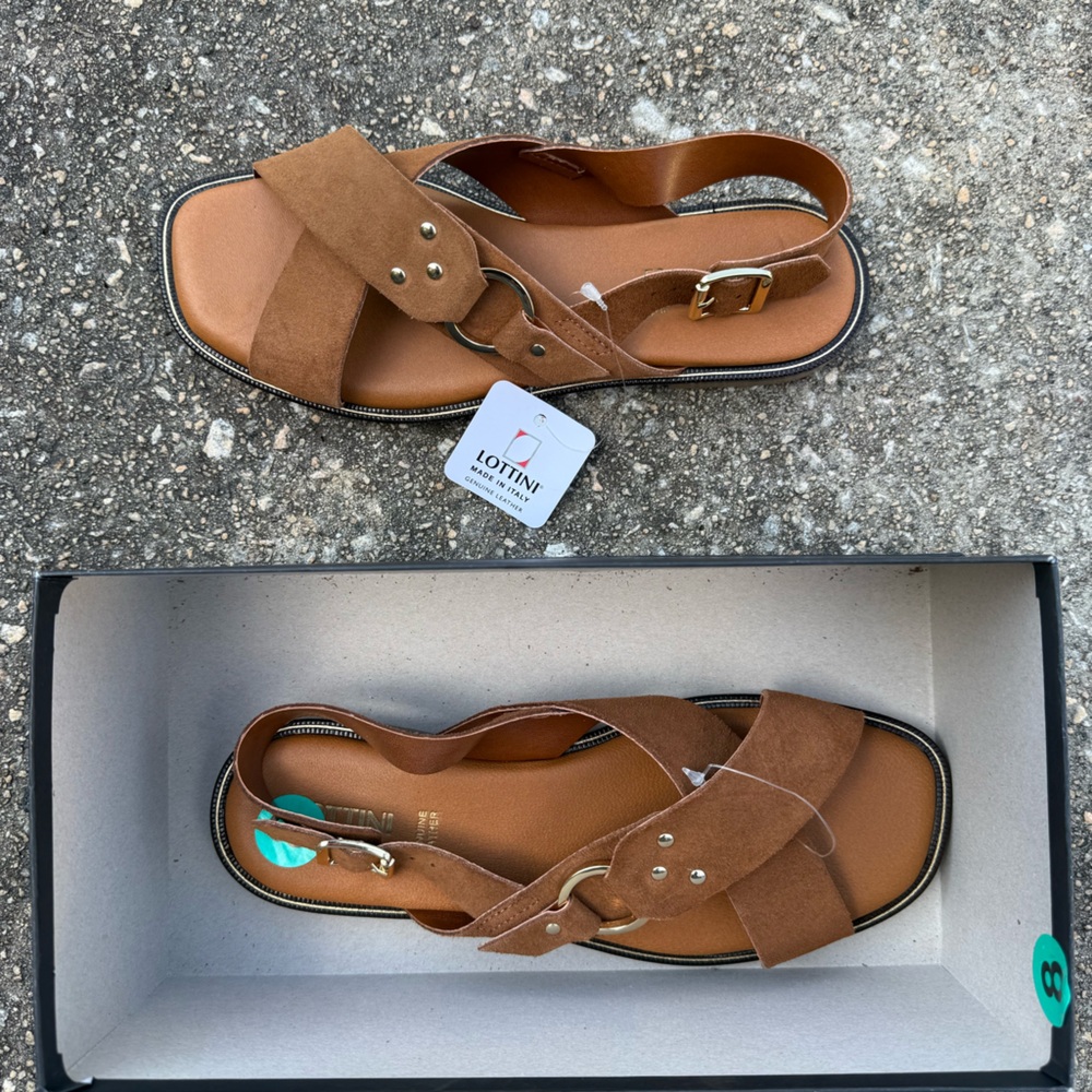Lottini genuine leather Italy suede sandals brown crisscross buckle strap 8.5